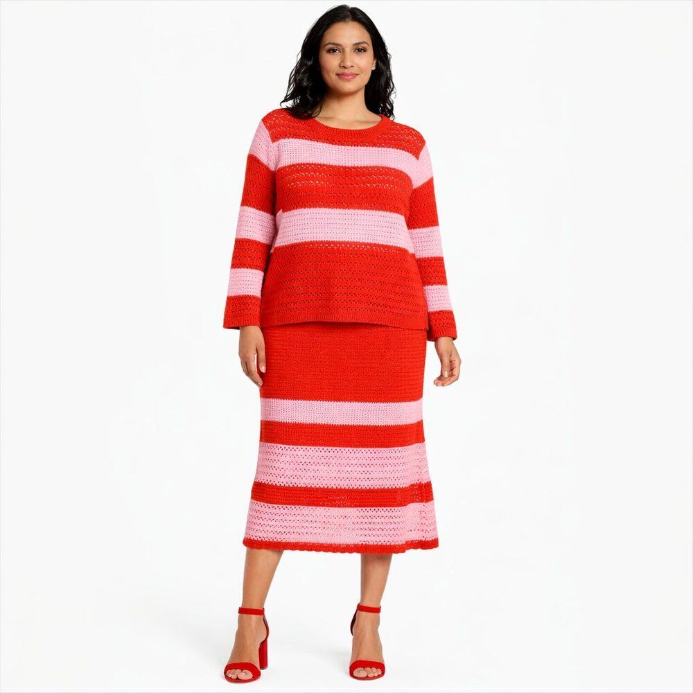 Scoop Crochet Knit Sweater Skirt Set Red Pink Stripe XL Coquette